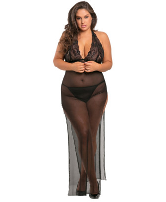Nuisette longue grande taille fendue transparente 